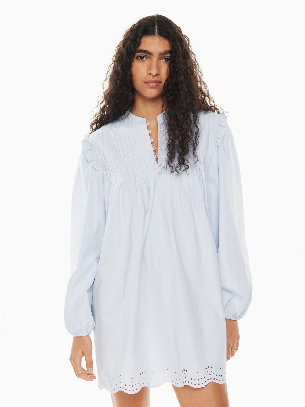Aritzia Little Moon Helena Poplin Dress Blue Pintuck Yoke Tunic